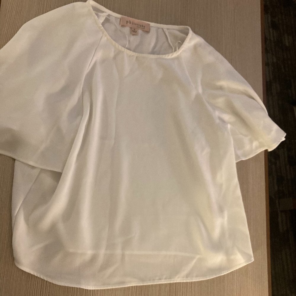 Philosophy White Sheer Short Sleeve Blouse Small Polyester Bell Sleeves Neutral